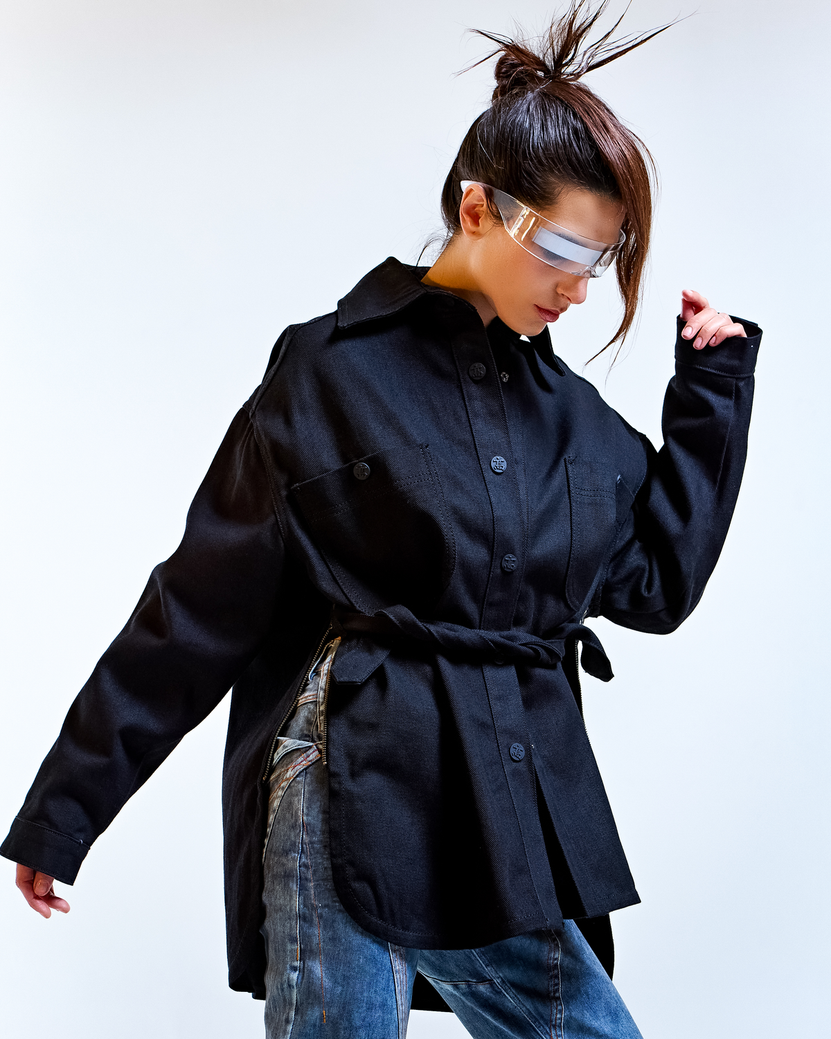 Oversized Black Denim Shirt Jacket with Belt
