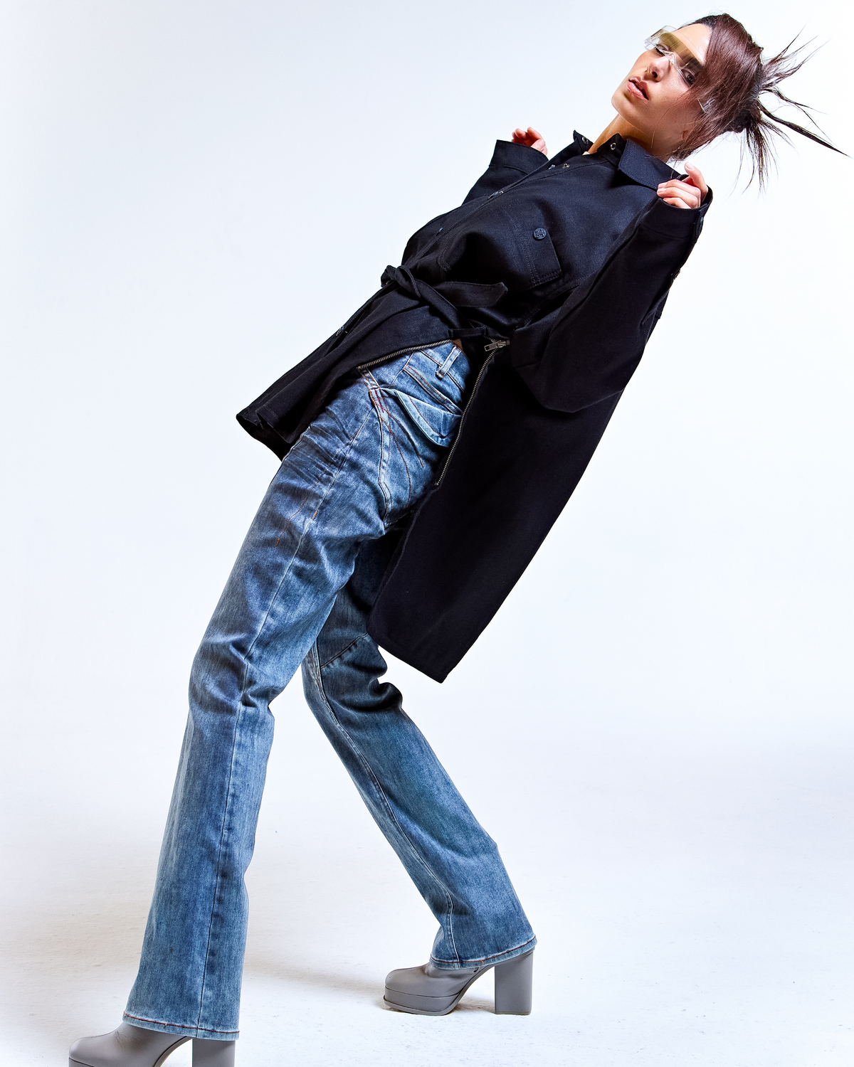 Oversized Black Denim Shirt Jacket with Belt