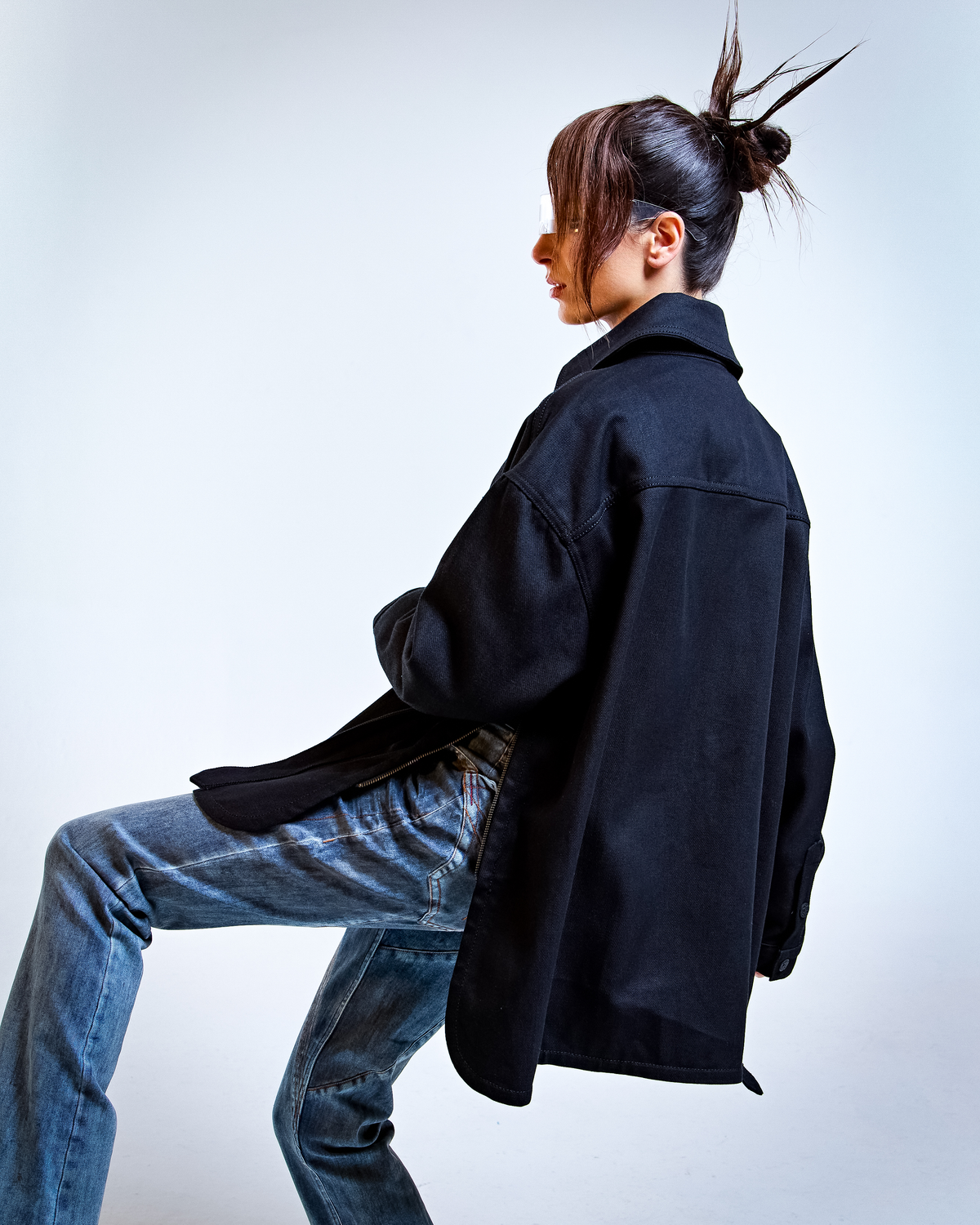 Oversized Black Denim Shirt Jacket with Belt